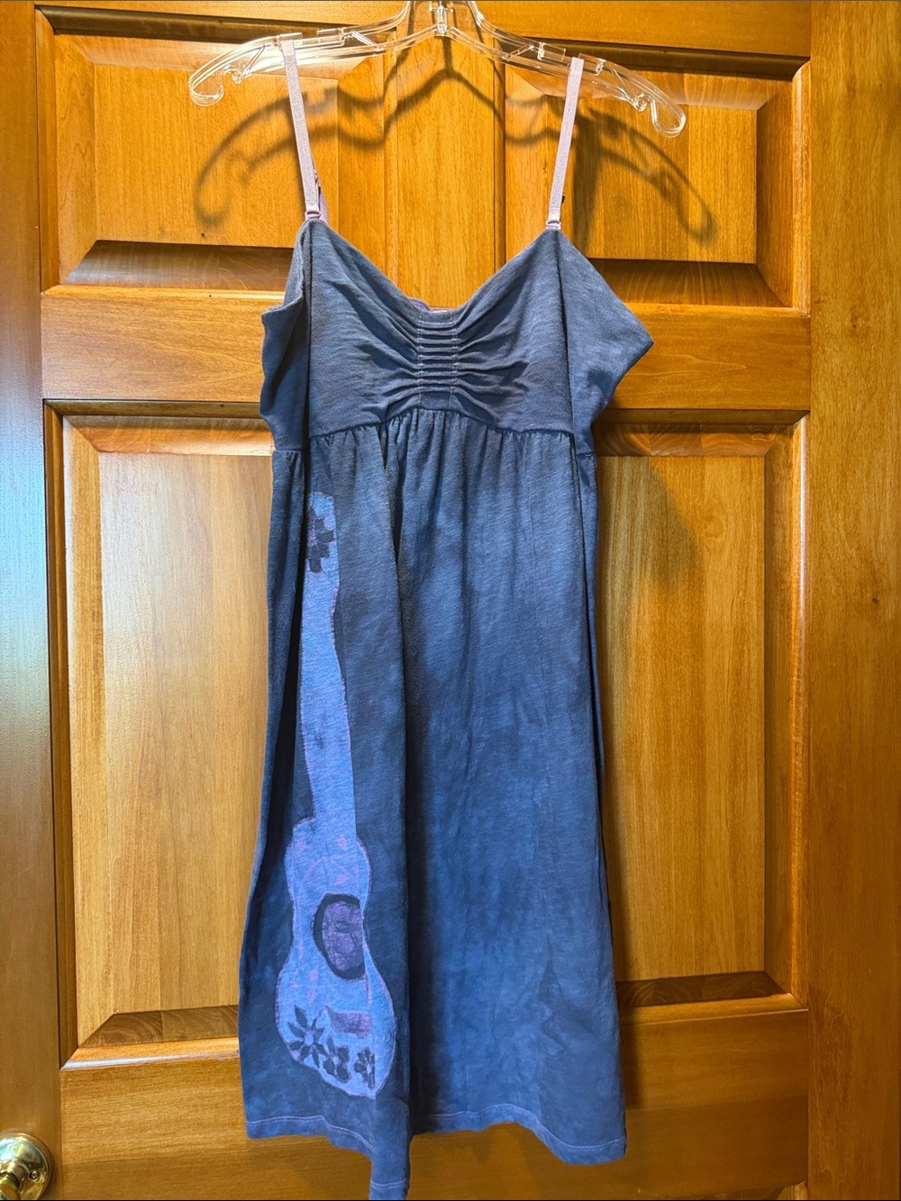 Navy Blue Spaghetti-Strap Mini Dress with Guitar Graphic